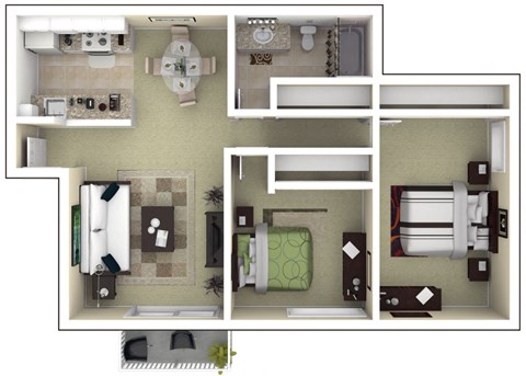 Floor plan for 2 beds, 1 bath, 902 sqft